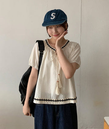 Yobei Vintage Ribbon Short Sleeve Blouse